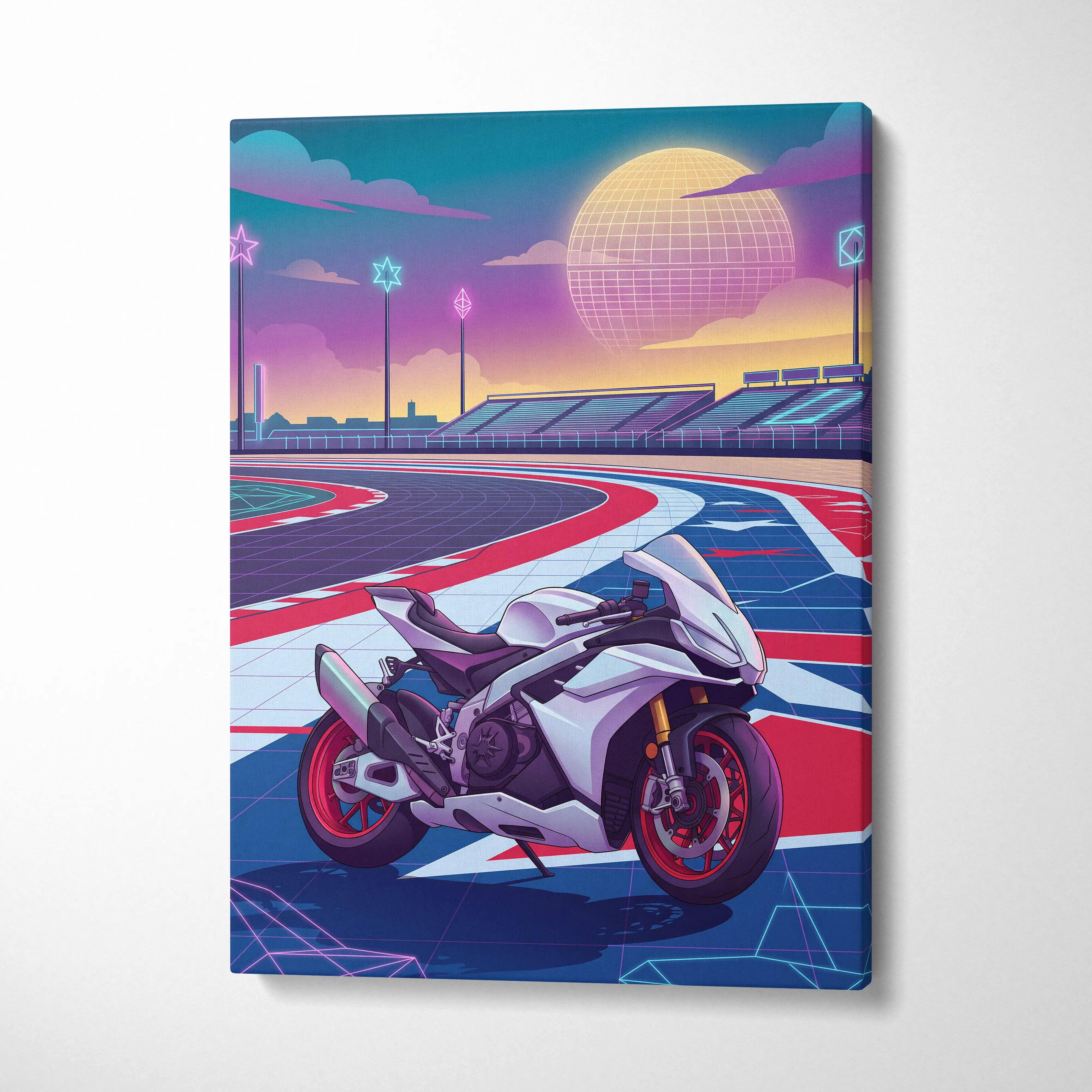 Aprilia RSV4 Inspired White Red Vaporwave Motorcycle Canvas Wall Art Neon Track Sportbike Artwork Retro Futuristic Garage Decor