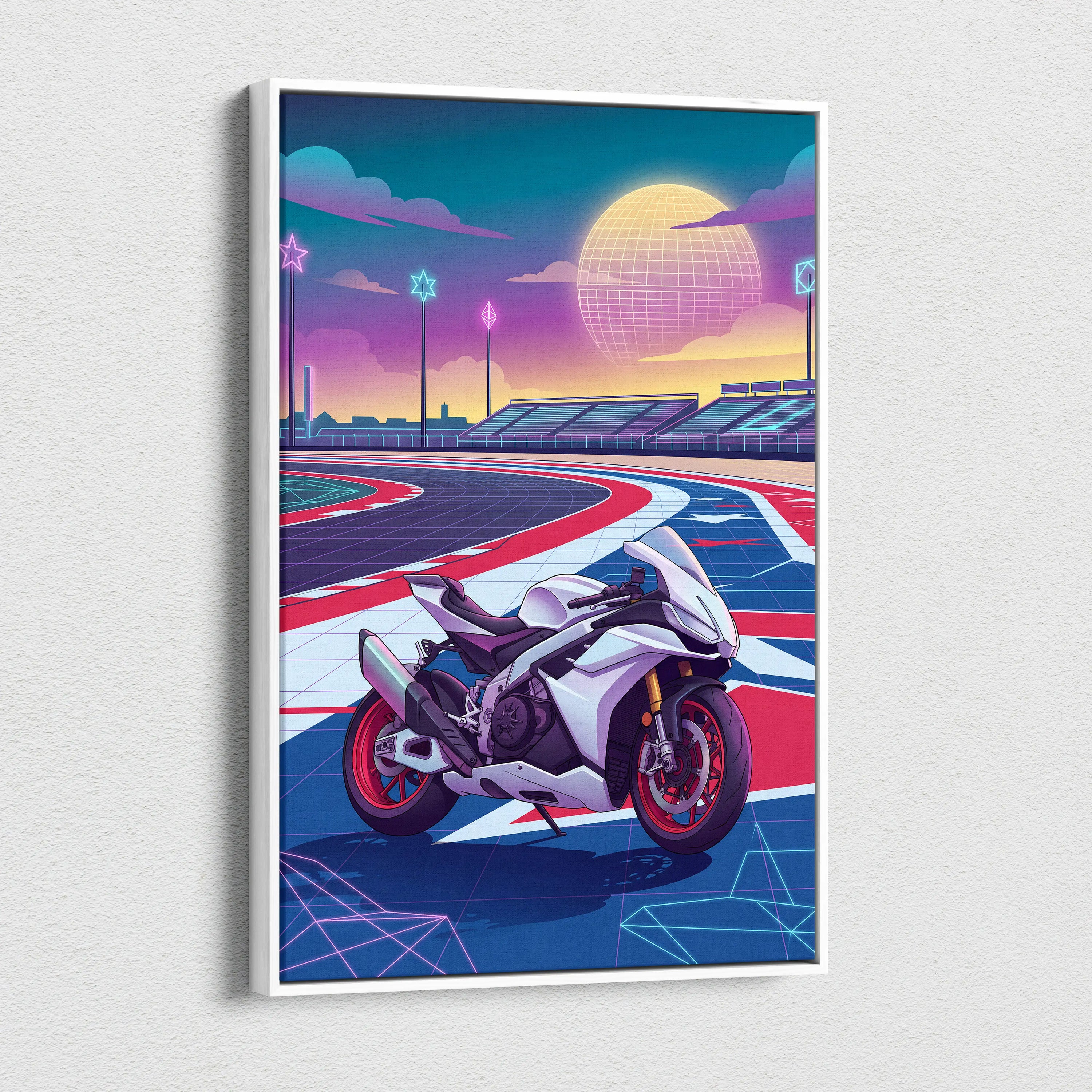 Aprilia RSV4 Inspired White Red Vaporwave Motorcycle Canvas Wall Art Neon Track Sportbike Artwork Retro Futuristic Garage Decor