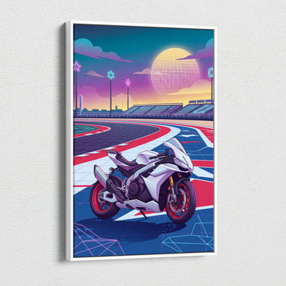 Aprilia RSV4 Inspired White Red Vaporwave Motorcycle Canvas Wall Art Neon Track Sportbike Artwork Retro Futuristic Garage Decor