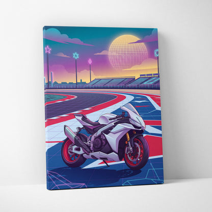 Aprilia RSV4 Inspired White Red Vaporwave Motorcycle Canvas Wall Art Neon Track Sportbike Artwork Retro Futuristic Garage Decor