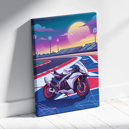 Aprilia RSV4 Inspired White Red Vaporwave Motorcycle Canvas Wall Art Neon Track Sportbike Artwork Retro Futuristic Garage Decor