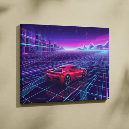 Ferrari SF90 Inspired Red Purple Canvas Wall Art, Vaporwave Supercar Artwork, Neon Grid Garage Decor, Retro Futuristic Exotic Print