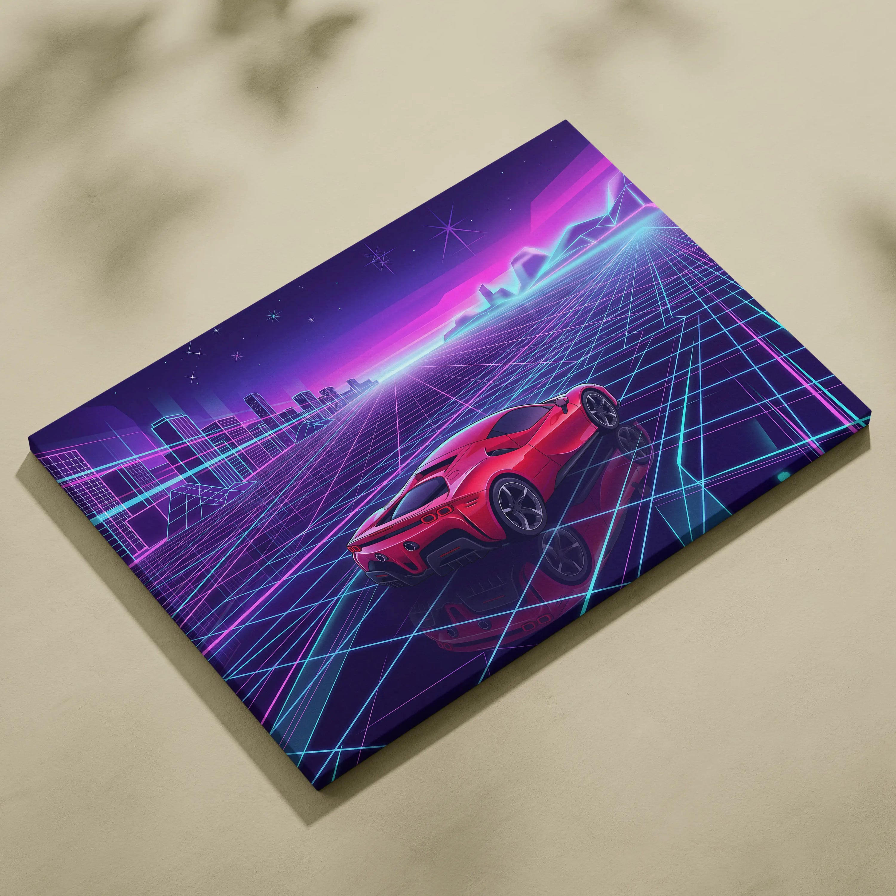 Ferrari SF90 Inspired Red Purple Canvas Wall Art, Vaporwave Supercar Artwork, Neon Grid Garage Decor, Retro Futuristic Exotic Print