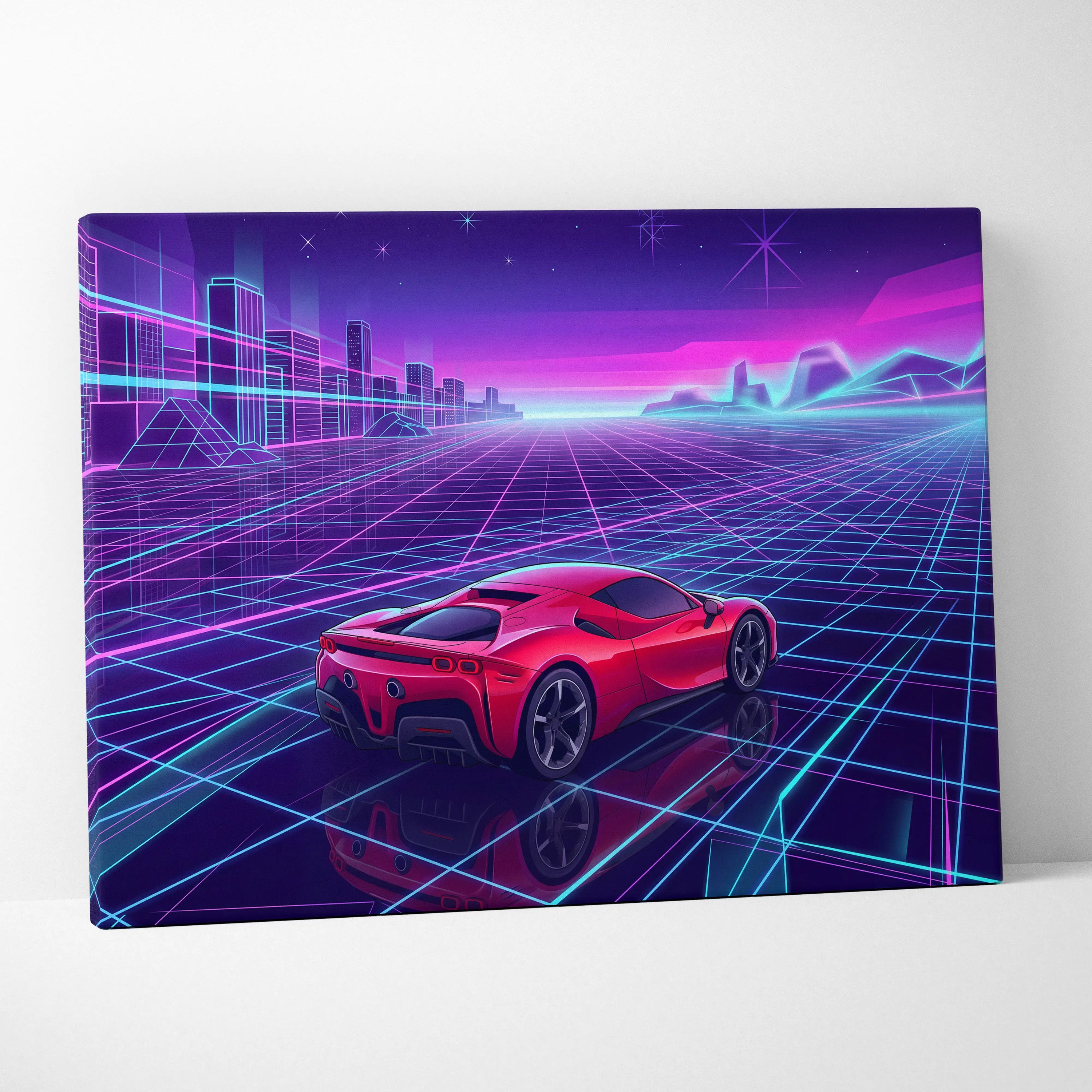 Ferrari SF90 Inspired Red Purple Canvas Wall Art, Vaporwave Supercar Artwork, Neon Grid Garage Decor, Retro Futuristic Exotic Print