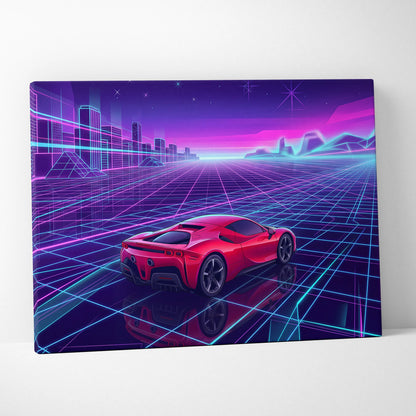 Ferrari SF90 Inspired Red Purple Canvas Wall Art, Vaporwave Supercar Artwork, Neon Grid Garage Decor, Retro Futuristic Exotic Print