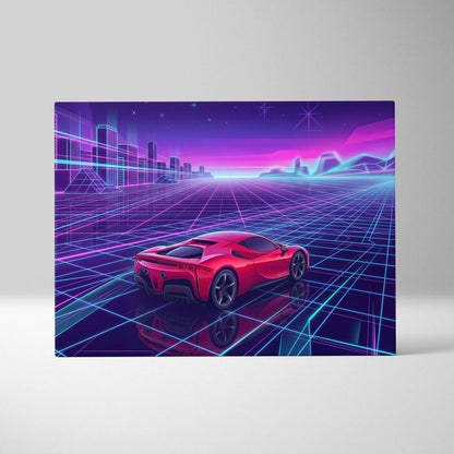 Ferrari SF90 Inspired Red Purple Canvas Wall Art, Vaporwave Supercar Artwork, Neon Grid Garage Decor, Retro Futuristic Exotic Print