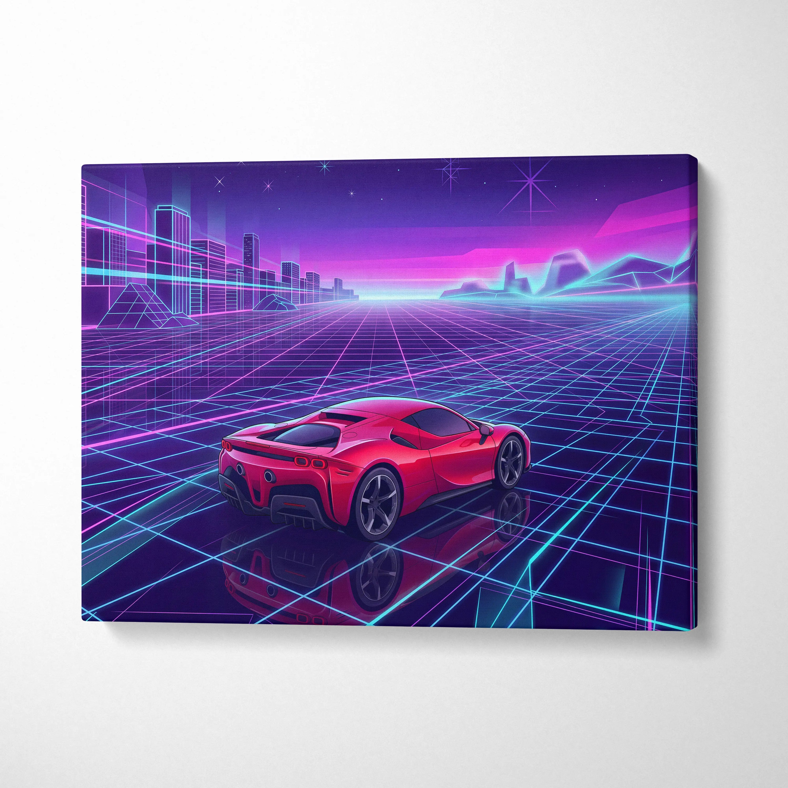 Ferrari SF90 Inspired Red Purple Canvas Wall Art, Vaporwave Supercar Artwork, Neon Grid Garage Decor, Retro Futuristic Exotic Print