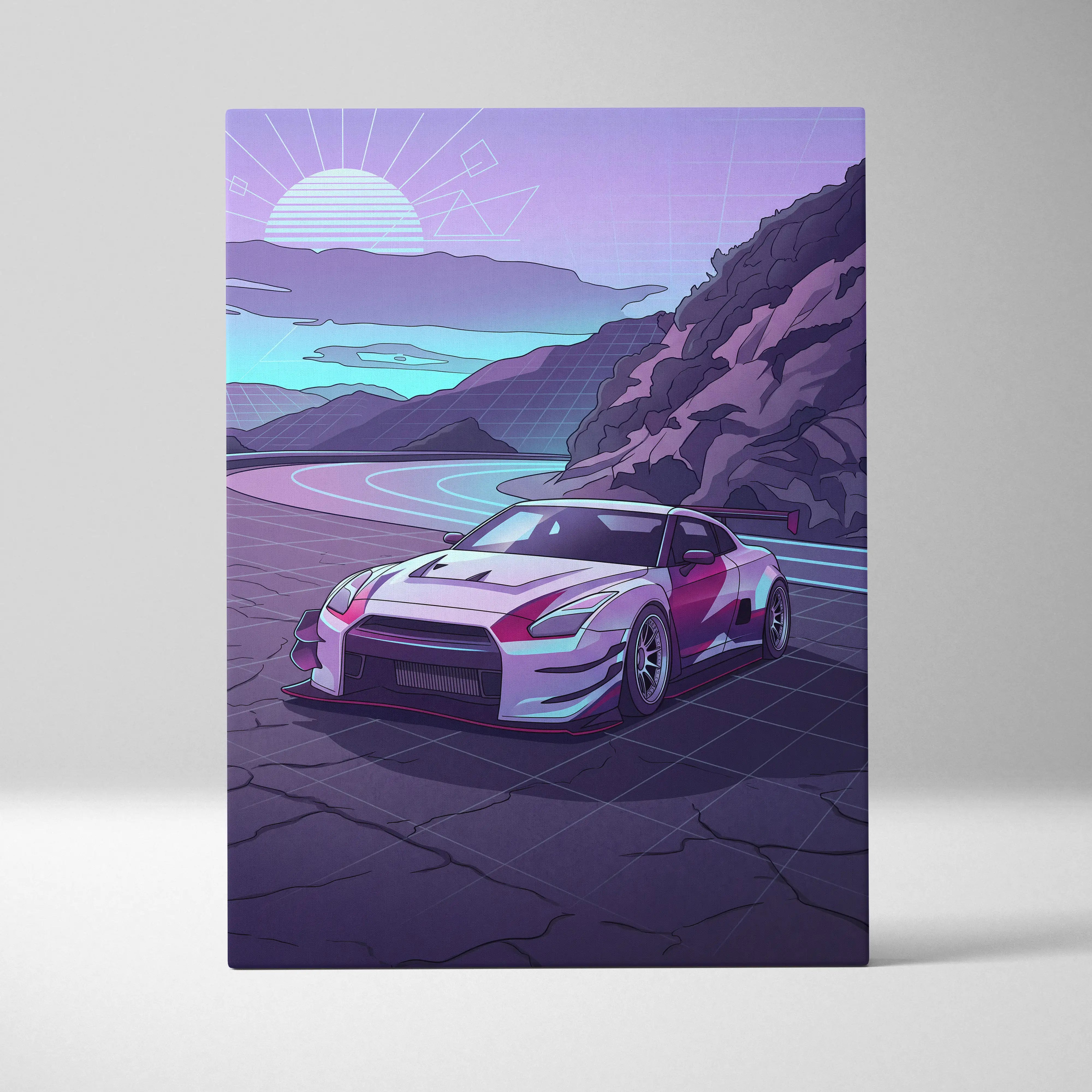 Nissan GT-R Inspired White Purple Mountain Canvas Wall Art Vaporwave JDM Car Artwork, Neon Touge Road Garage Decor Retro Futuristic Print