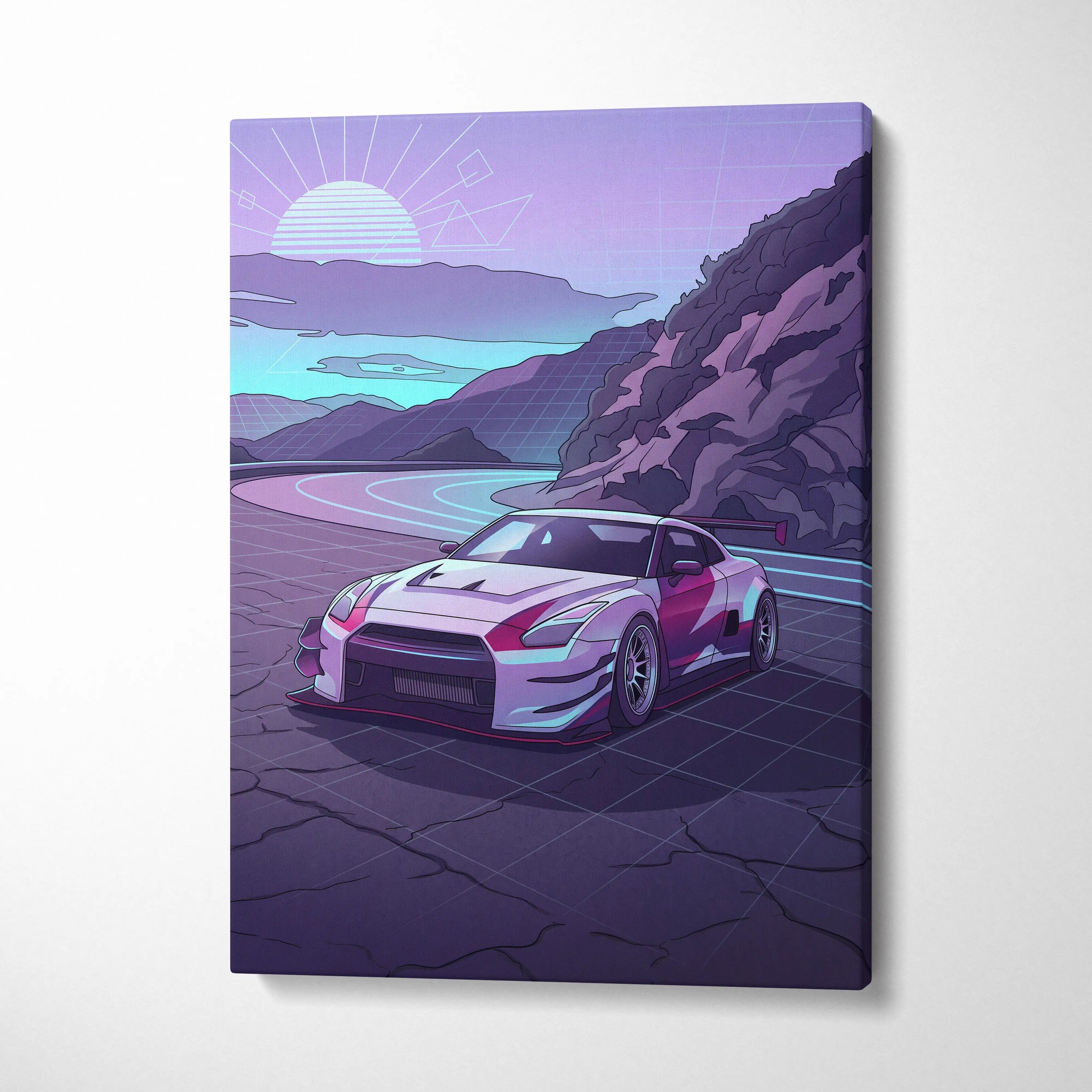 Nissan GT-R Inspired White Purple Mountain Canvas Wall Art Vaporwave JDM Car Artwork, Neon Touge Road Garage Decor Retro Futuristic Print