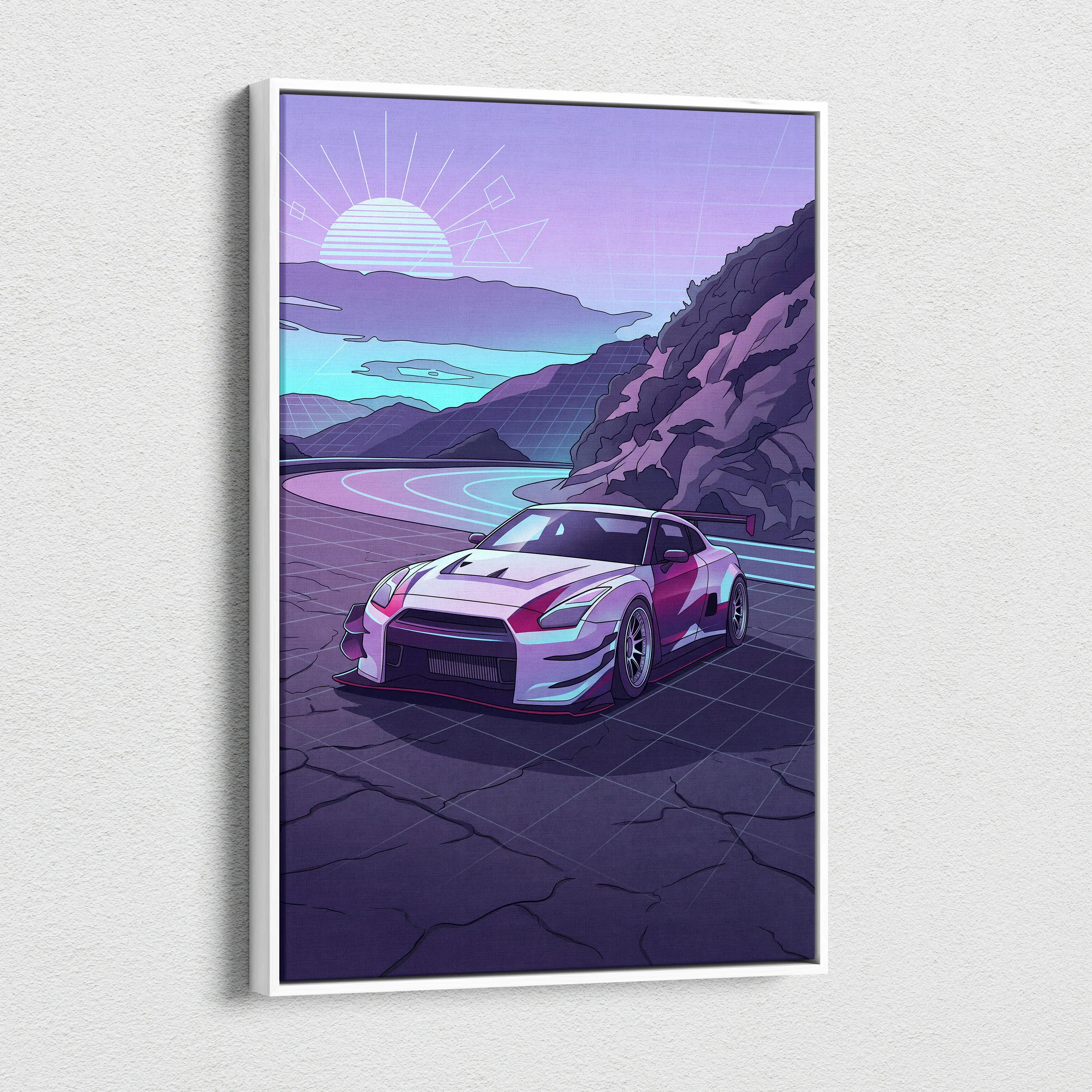 Nissan GT-R Inspired White Purple Mountain Canvas Wall Art Vaporwave JDM Car Artwork, Neon Touge Road Garage Decor Retro Futuristic Print