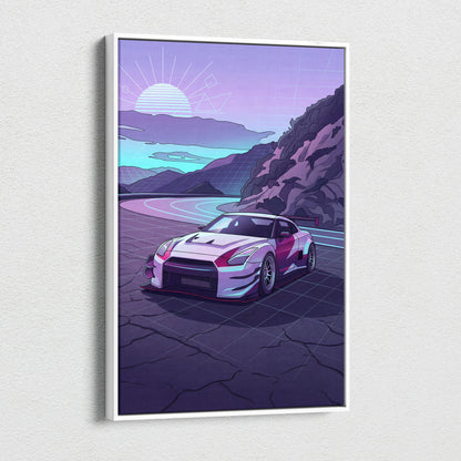 Nissan GT-R Inspired White Purple Mountain Canvas Wall Art Vaporwave JDM Car Artwork, Neon Touge Road Garage Decor Retro Futuristic Print