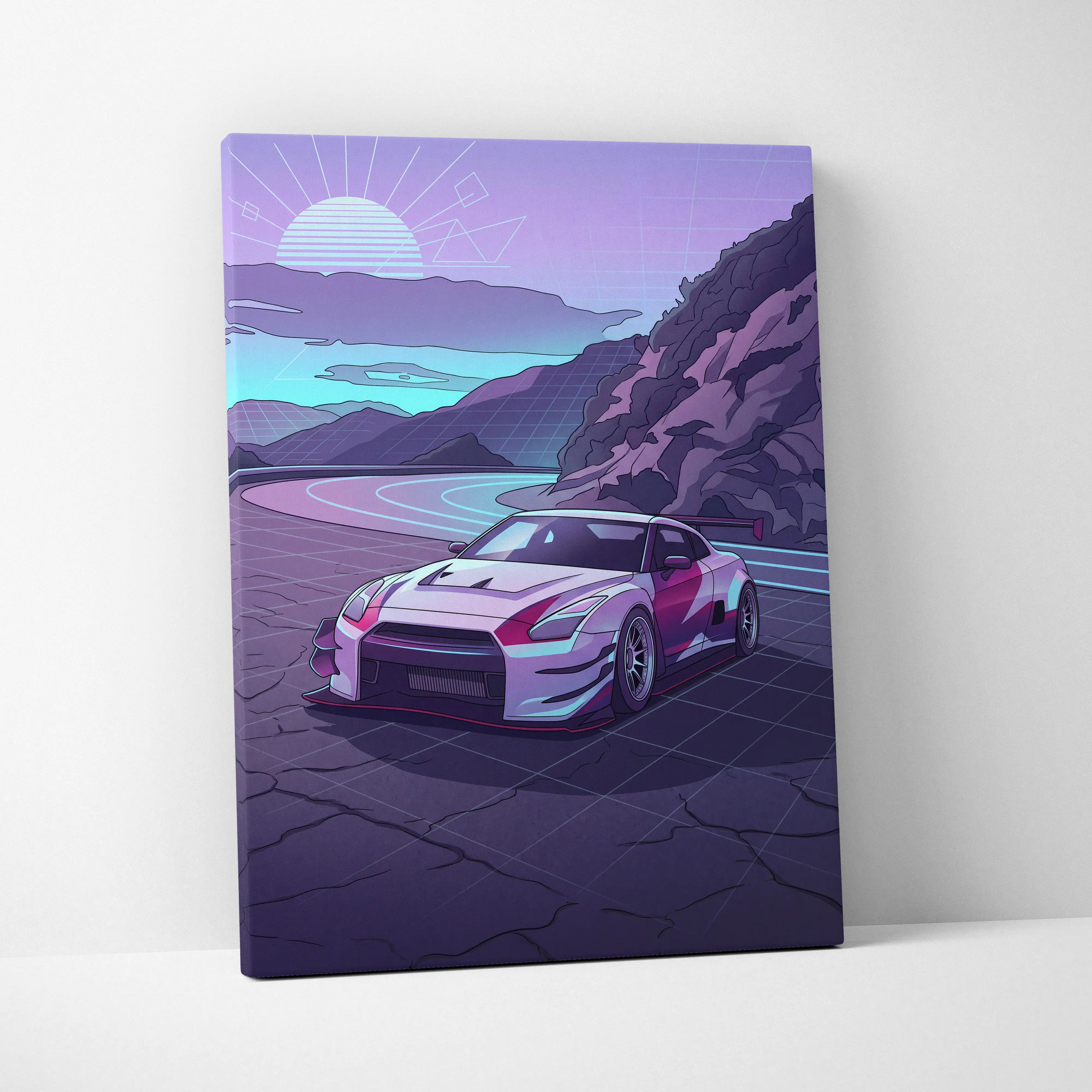 Nissan GT-R Inspired White Purple Mountain Canvas Wall Art Vaporwave JDM Car Artwork, Neon Touge Road Garage Decor Retro Futuristic Print
