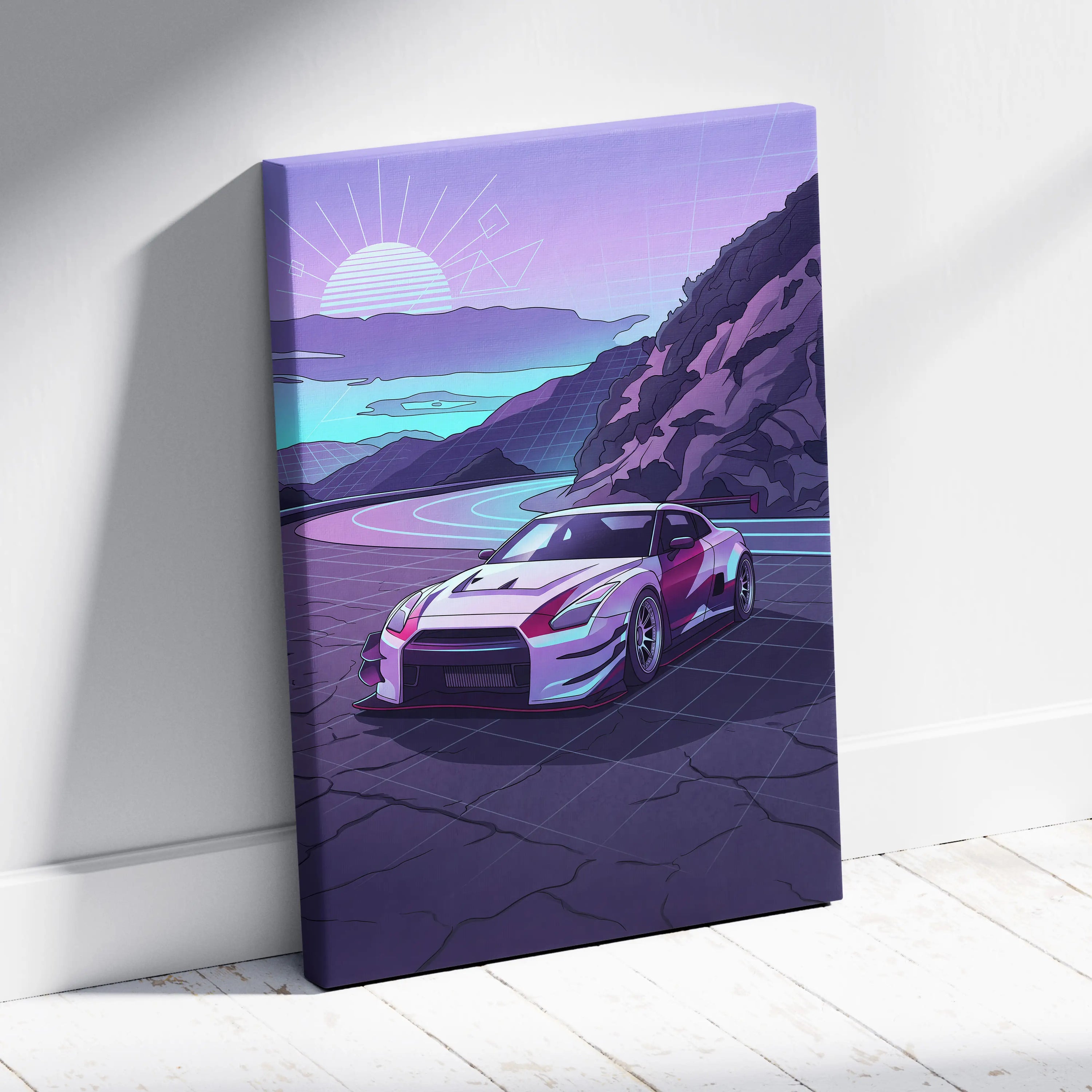 Nissan GT-R Inspired White Purple Mountain Canvas Wall Art Vaporwave JDM Car Artwork, Neon Touge Road Garage Decor Retro Futuristic Print