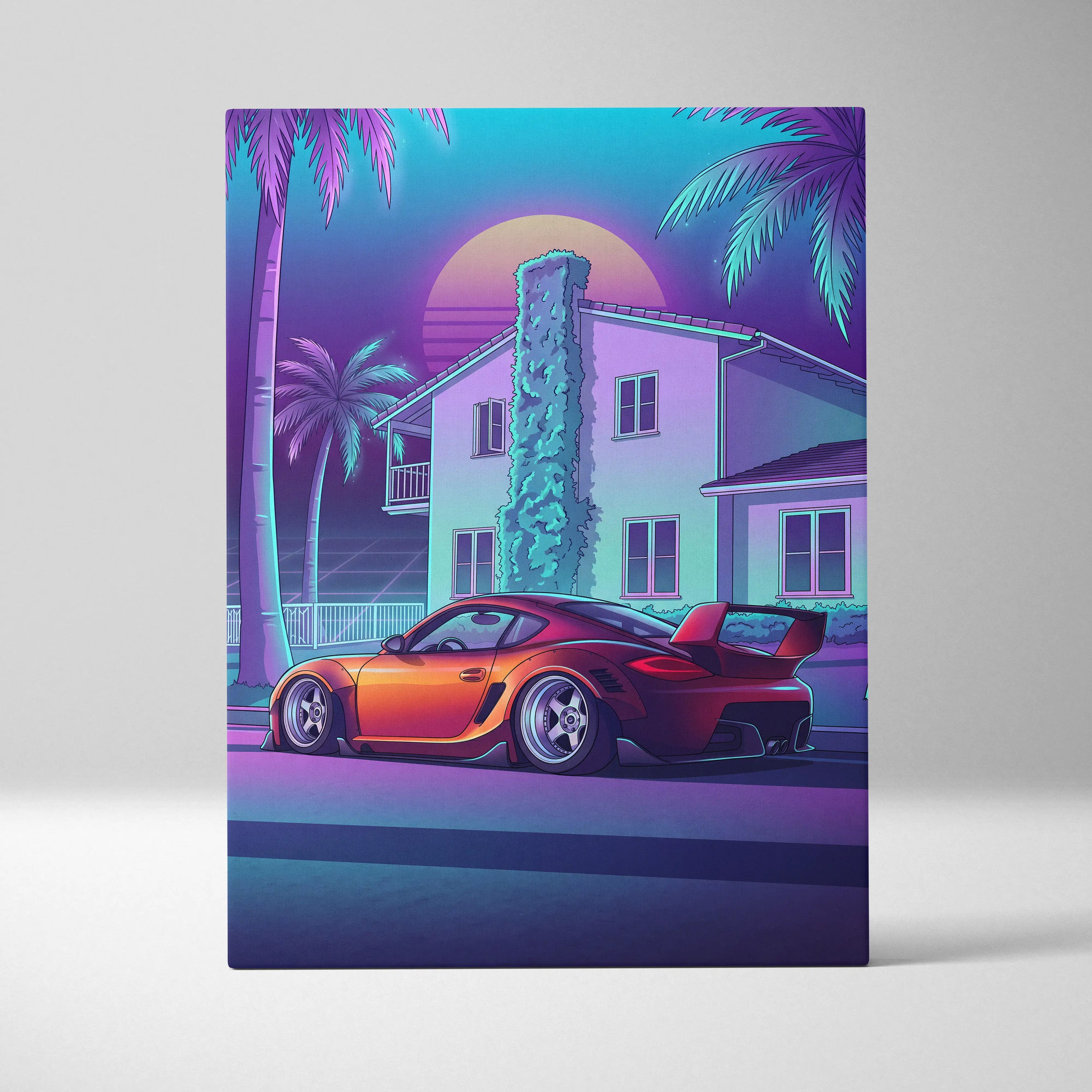 Porsche Cayman GT4 Inspired Orange Purple Canvas Wall Art Vaporwave Sports Car Artwork, Neon Palm Garage Decor Retro Futuristic Print