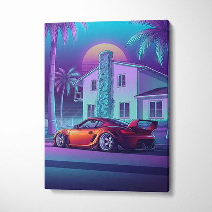 Porsche Cayman GT4 Inspired Orange Purple Canvas Wall Art Vaporwave Sports Car Artwork, Neon Palm Garage Decor Retro Futuristic Print