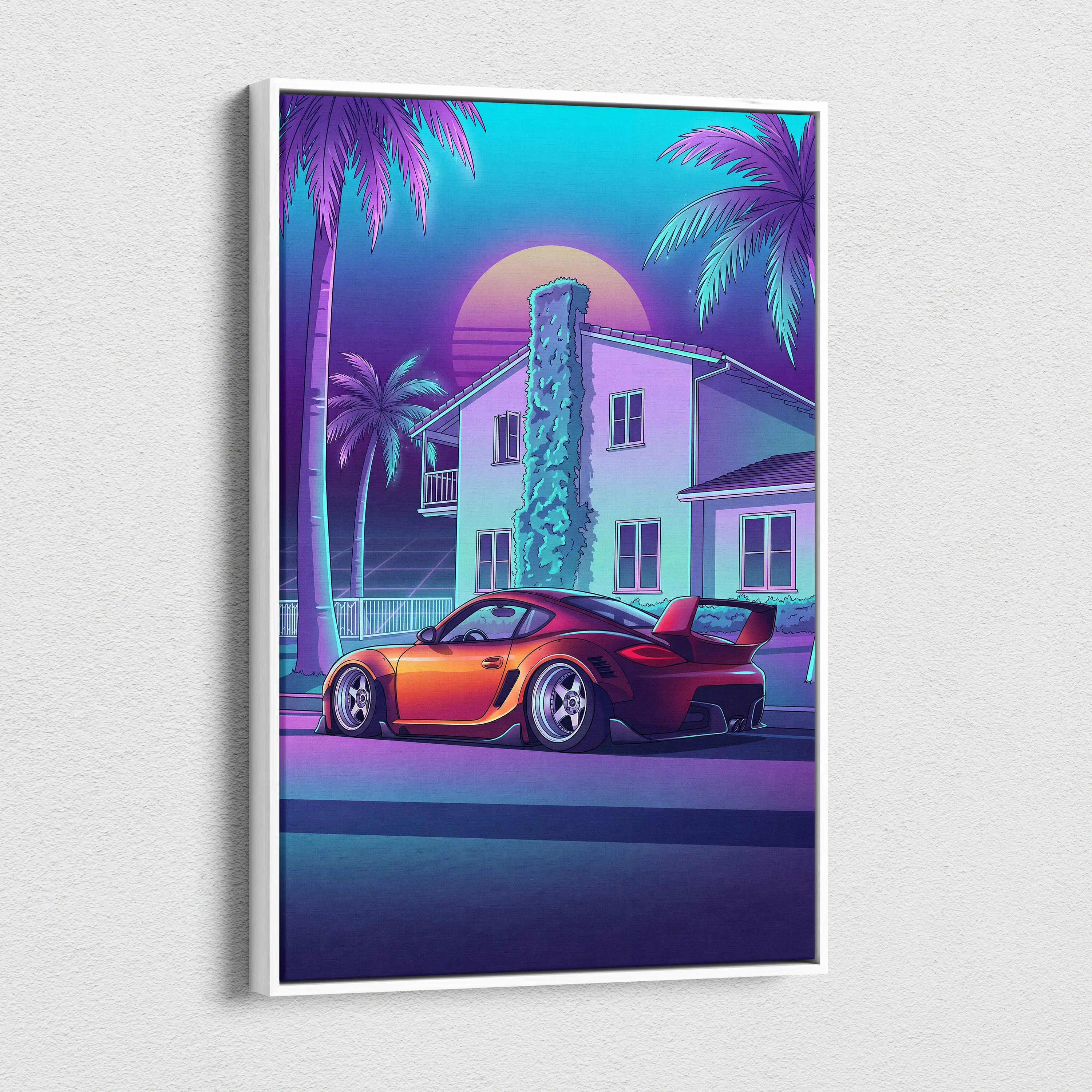 Porsche Cayman GT4 Inspired Orange Purple Canvas Wall Art Vaporwave Sports Car Artwork, Neon Palm Garage Decor Retro Futuristic Print