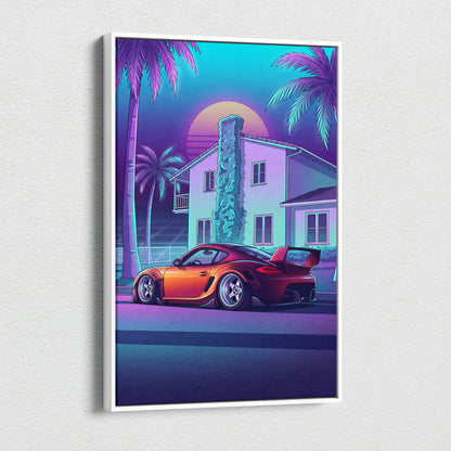Porsche Cayman GT4 Inspired Orange Purple Canvas Wall Art Vaporwave Sports Car Artwork, Neon Palm Garage Decor Retro Futuristic Print