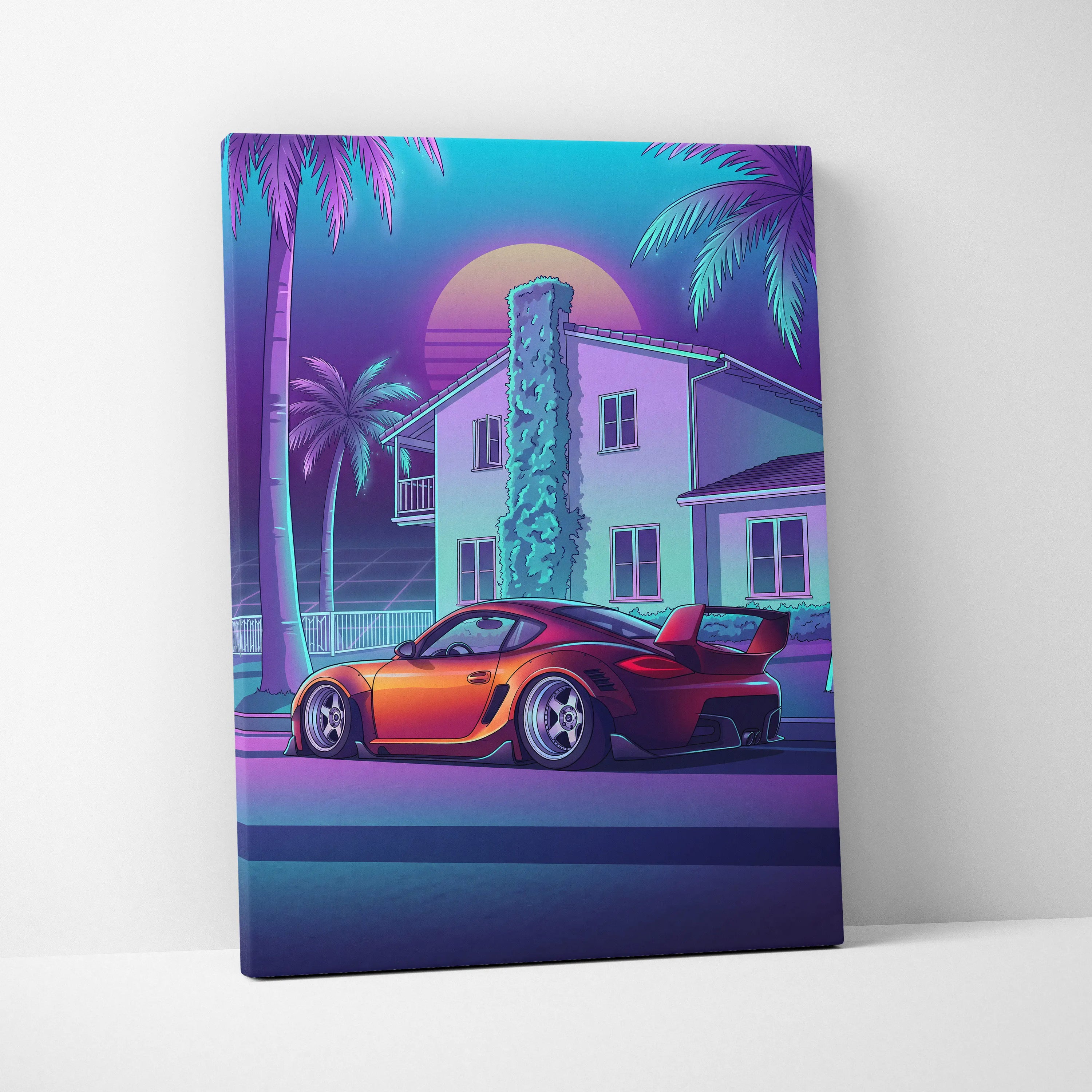 Porsche Cayman GT4 Inspired Orange Purple Canvas Wall Art Vaporwave Sports Car Artwork, Neon Palm Garage Decor Retro Futuristic Print