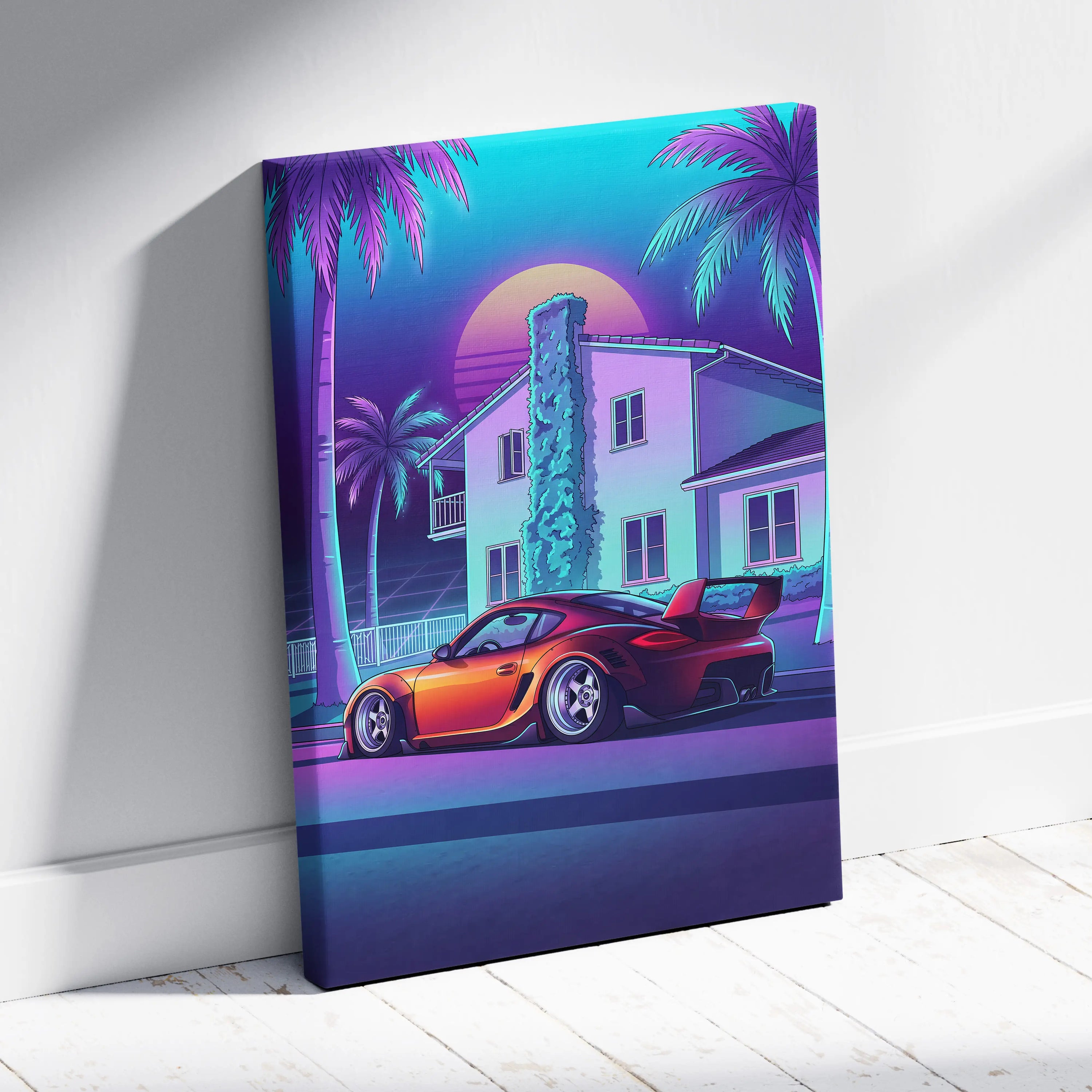Porsche Cayman GT4 Inspired Orange Purple Canvas Wall Art Vaporwave Sports Car Artwork, Neon Palm Garage Decor Retro Futuristic Print