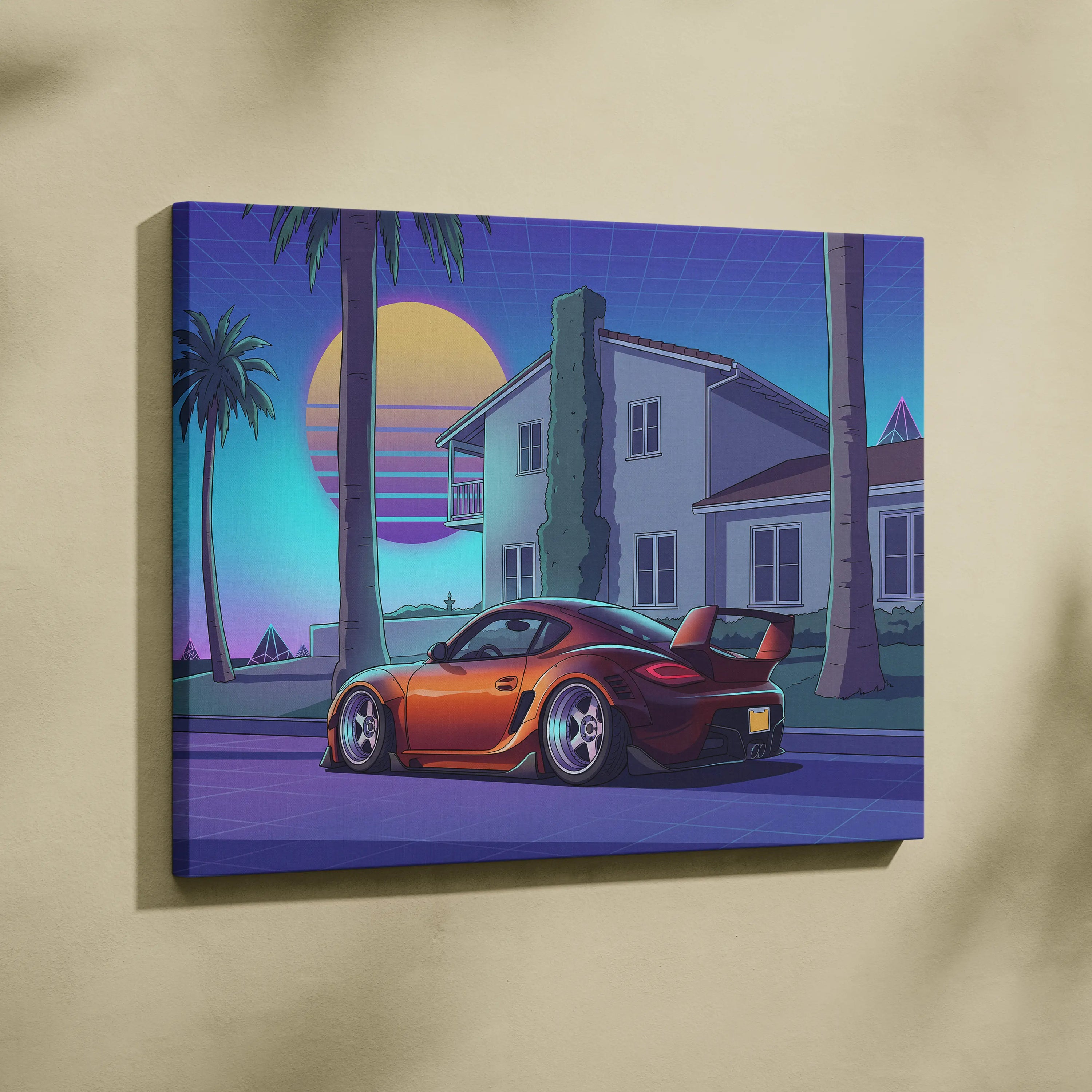 Porsche Cayman GT4 Inspired Orange Purple Canvas Wall Art Vaporwave Sports Car Artwork, Neon Palm Garage Decor Retro Futuristic Print