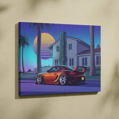 Porsche Cayman GT4 Inspired Orange Purple Canvas Wall Art Vaporwave Sports Car Artwork, Neon Palm Garage Decor Retro Futuristic Print