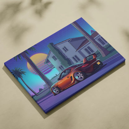 Porsche Cayman GT4 Inspired Orange Purple Canvas Wall Art Vaporwave Sports Car Artwork, Neon Palm Garage Decor Retro Futuristic Print