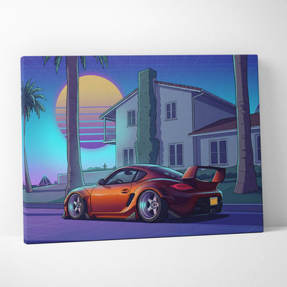 Porsche Cayman GT4 Inspired Orange Purple Canvas Wall Art Vaporwave Sports Car Artwork, Neon Palm Garage Decor Retro Futuristic Print