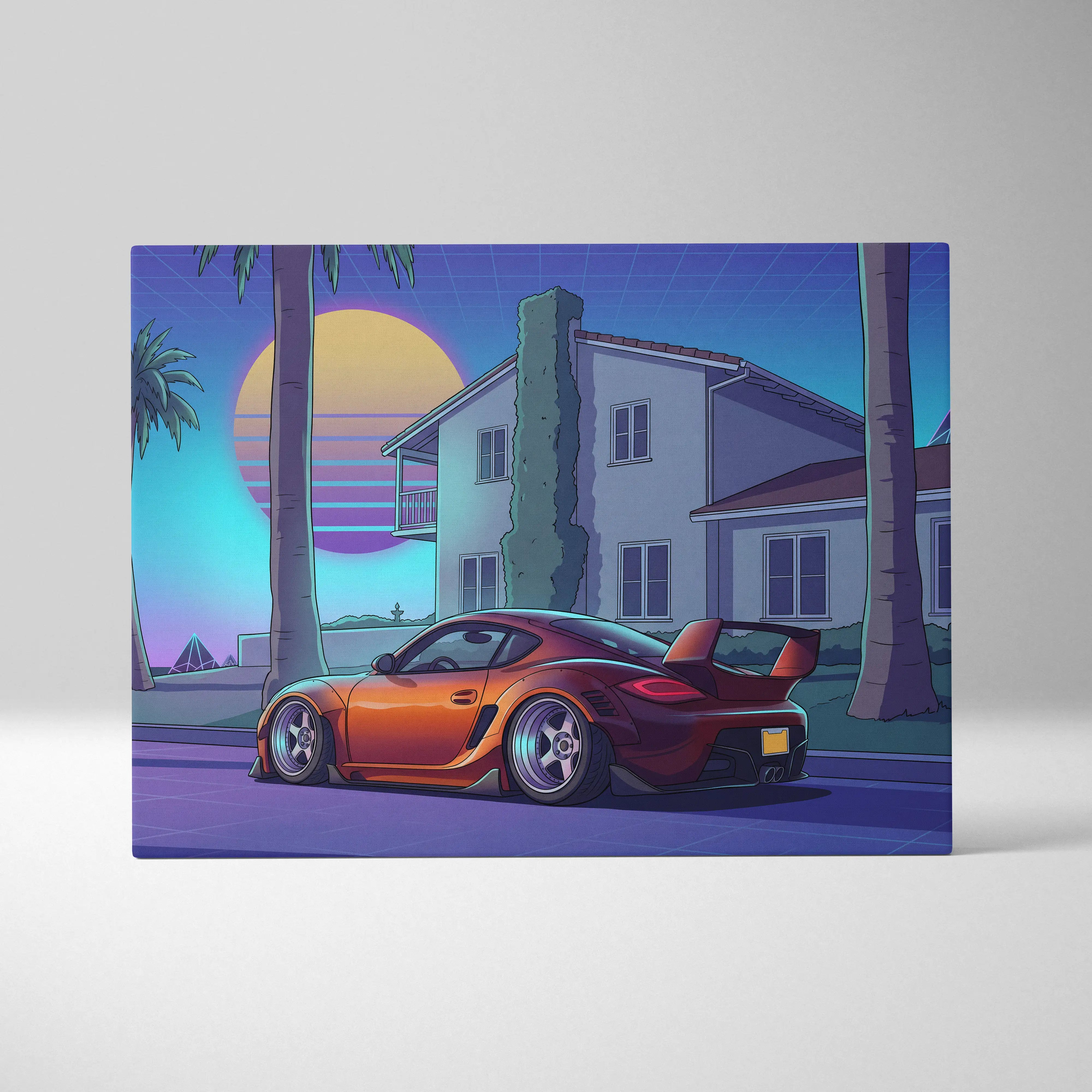 Porsche Cayman GT4 Inspired Orange Purple Canvas Wall Art Vaporwave Sports Car Artwork, Neon Palm Garage Decor Retro Futuristic Print
