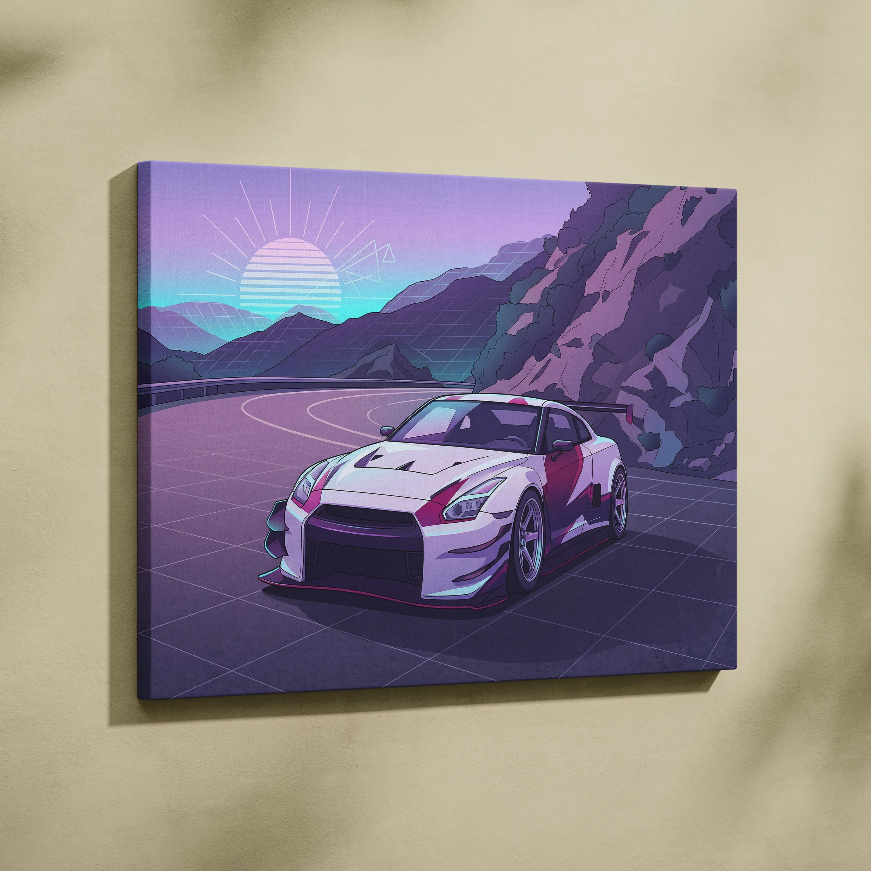 Nissan GT-R Inspired White Purple Mountain Canvas Wall Art Vaporwave JDM Car Artwork, Neon Touge Road Garage Decor Retro Futuristic Print