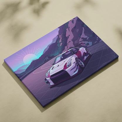 Nissan GT-R Inspired White Purple Mountain Canvas Wall Art Vaporwave JDM Car Artwork, Neon Touge Road Garage Decor Retro Futuristic Print