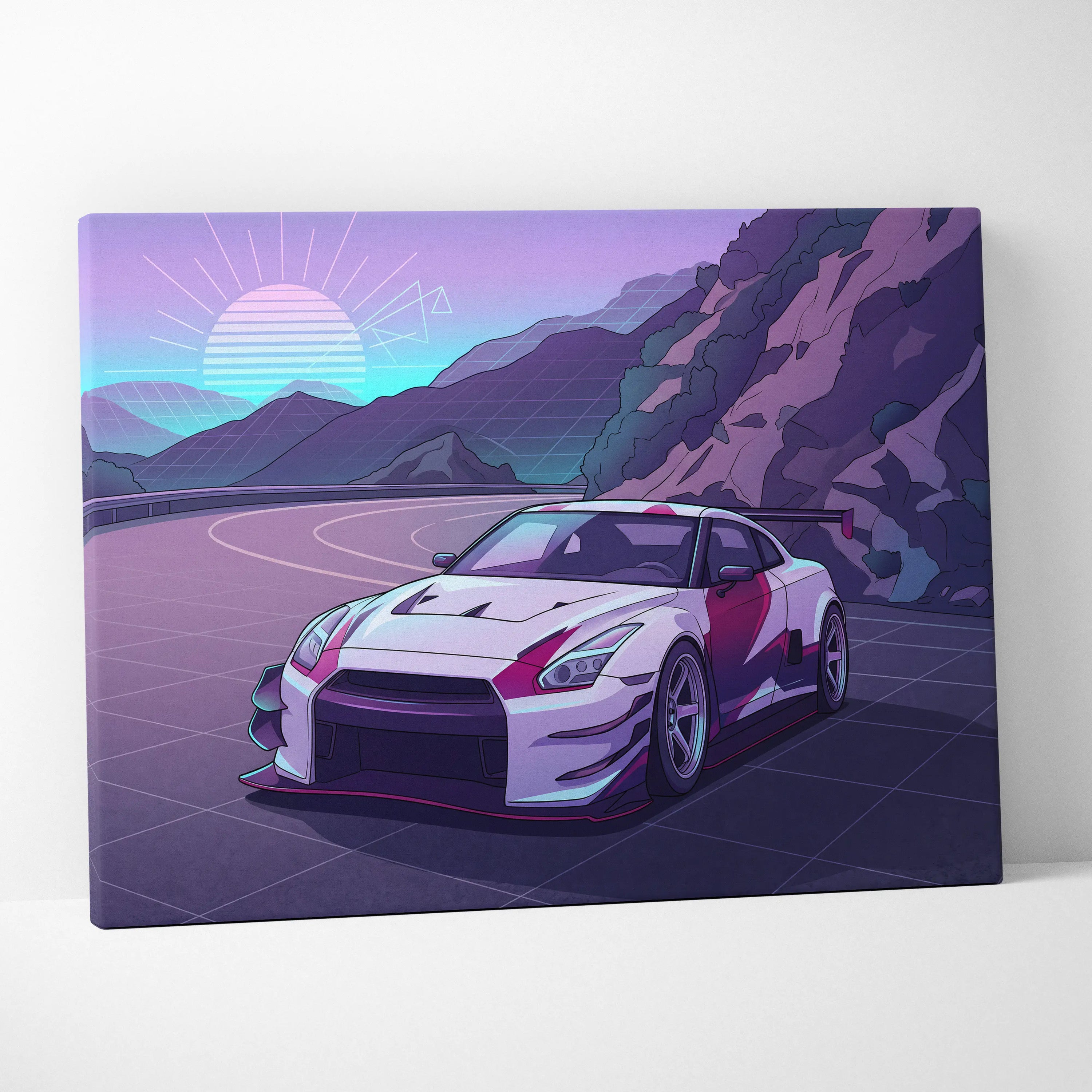 Nissan GT-R Inspired White Purple Mountain Canvas Wall Art Vaporwave JDM Car Artwork, Neon Touge Road Garage Decor Retro Futuristic Print