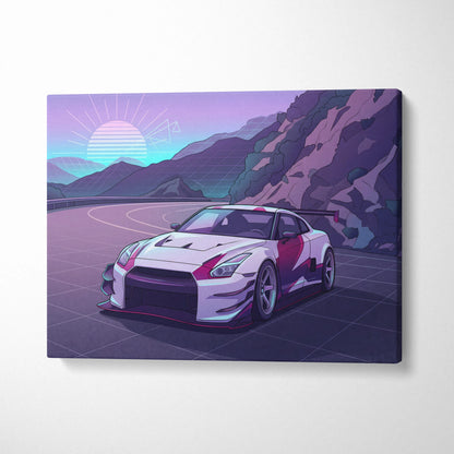 Nissan GT-R Inspired White Purple Mountain Canvas Wall Art Vaporwave JDM Car Artwork, Neon Touge Road Garage Decor Retro Futuristic Print