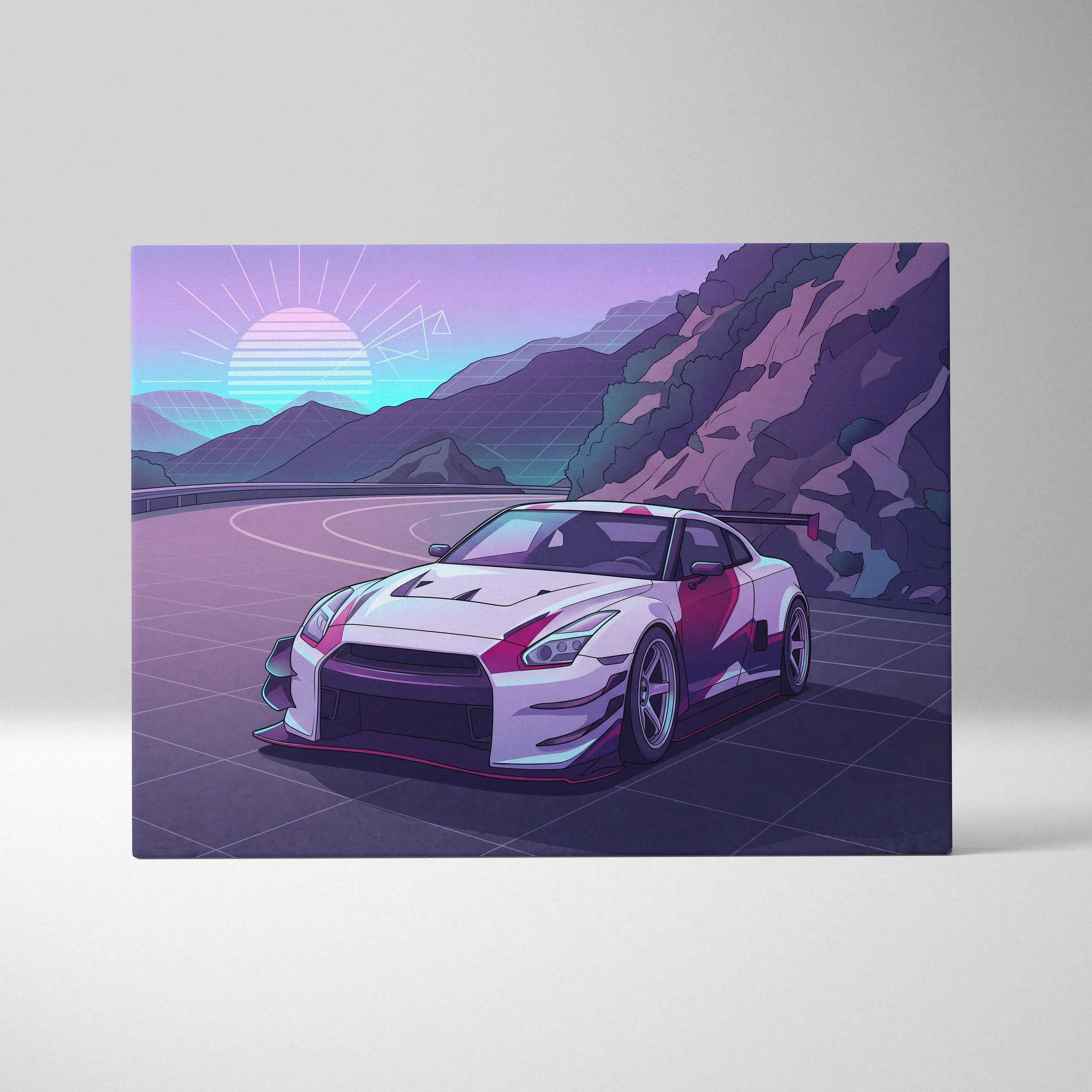 Nissan GT-R Inspired White Purple Mountain Canvas Wall Art Vaporwave JDM Car Artwork, Neon Touge Road Garage Decor Retro Futuristic Print