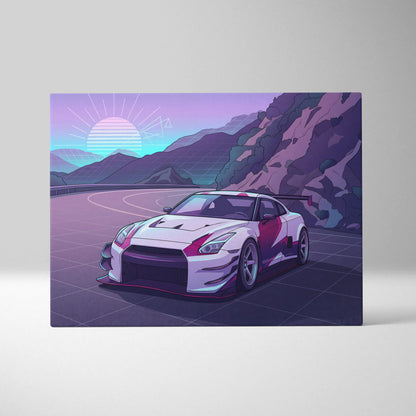 Nissan GT-R Inspired White Purple Mountain Canvas Wall Art Vaporwave JDM Car Artwork, Neon Touge Road Garage Decor Retro Futuristic Print