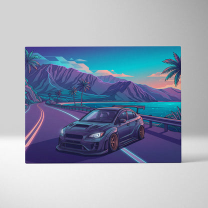 Subaru WRX STI Inspired Blue Purple Coastal Canvas Wall Art Vaporwave JDM Car Artwork, Neon Tropical Road Garage Decor Print