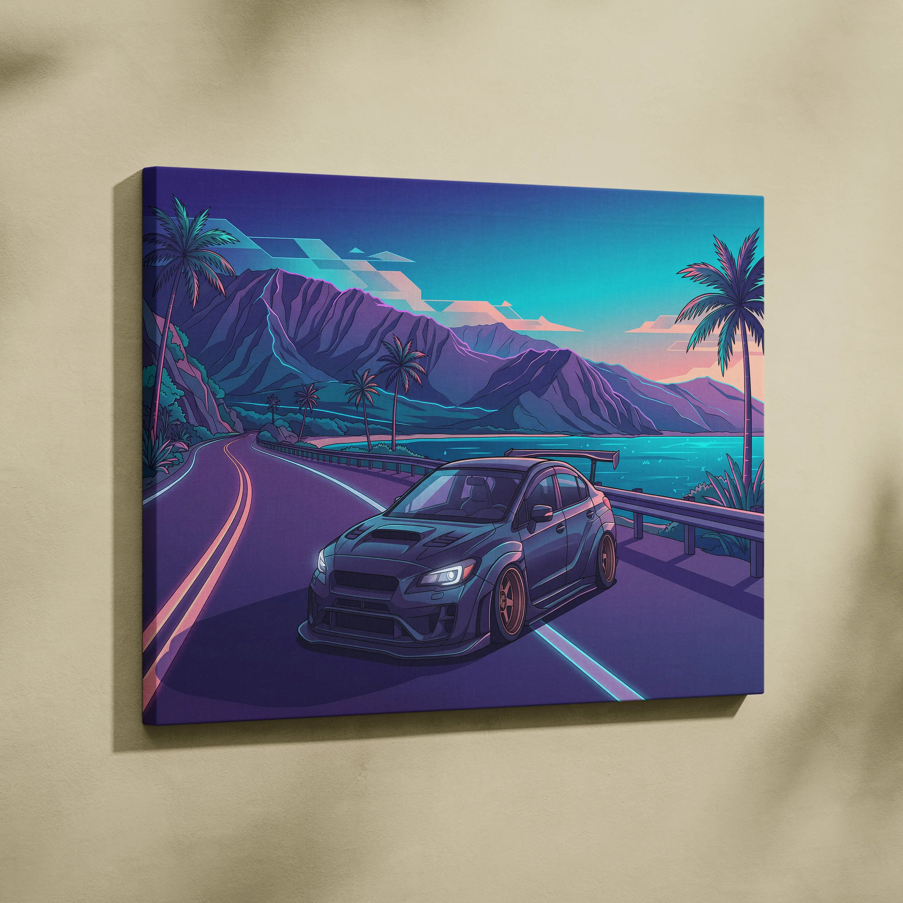 Subaru WRX STI Inspired Blue Purple Coastal Canvas Wall Art Vaporwave JDM Car Artwork, Neon Tropical Road Garage Decor Print