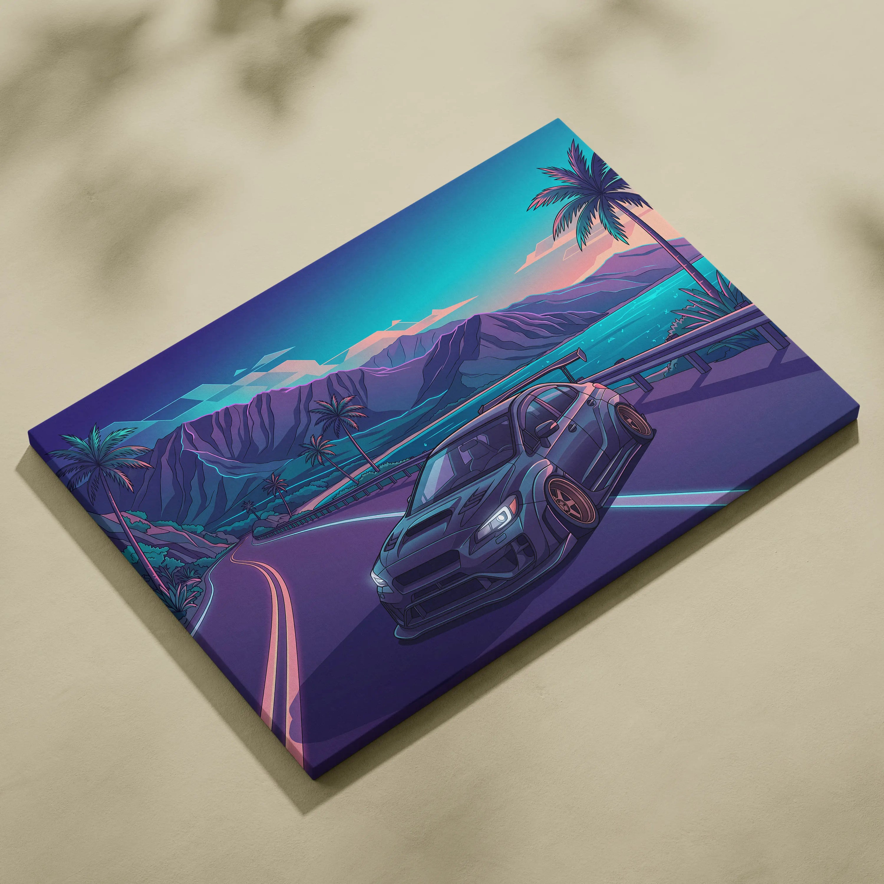 Subaru WRX STI Inspired Blue Purple Coastal Canvas Wall Art Vaporwave JDM Car Artwork, Neon Tropical Road Garage Decor Print