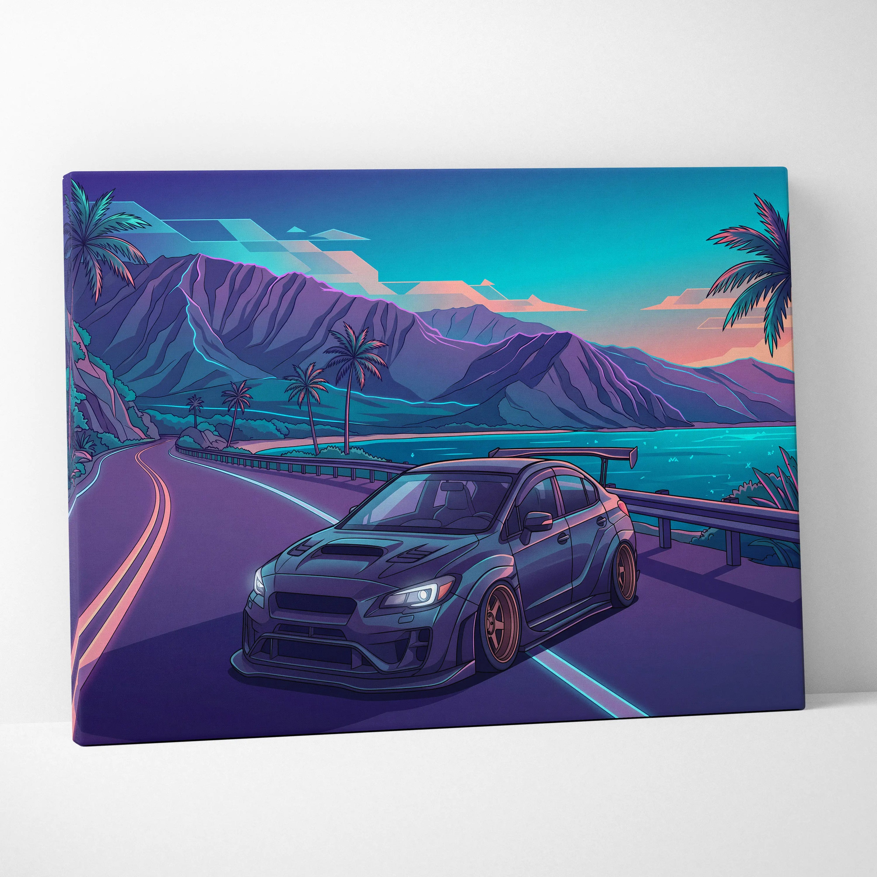 Subaru WRX STI Inspired Blue Purple Coastal Canvas Wall Art Vaporwave JDM Car Artwork, Neon Tropical Road Garage Decor Print