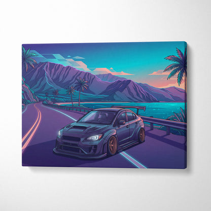 Subaru WRX STI Inspired Blue Purple Coastal Canvas Wall Art Vaporwave JDM Car Artwork, Neon Tropical Road Garage Decor Print