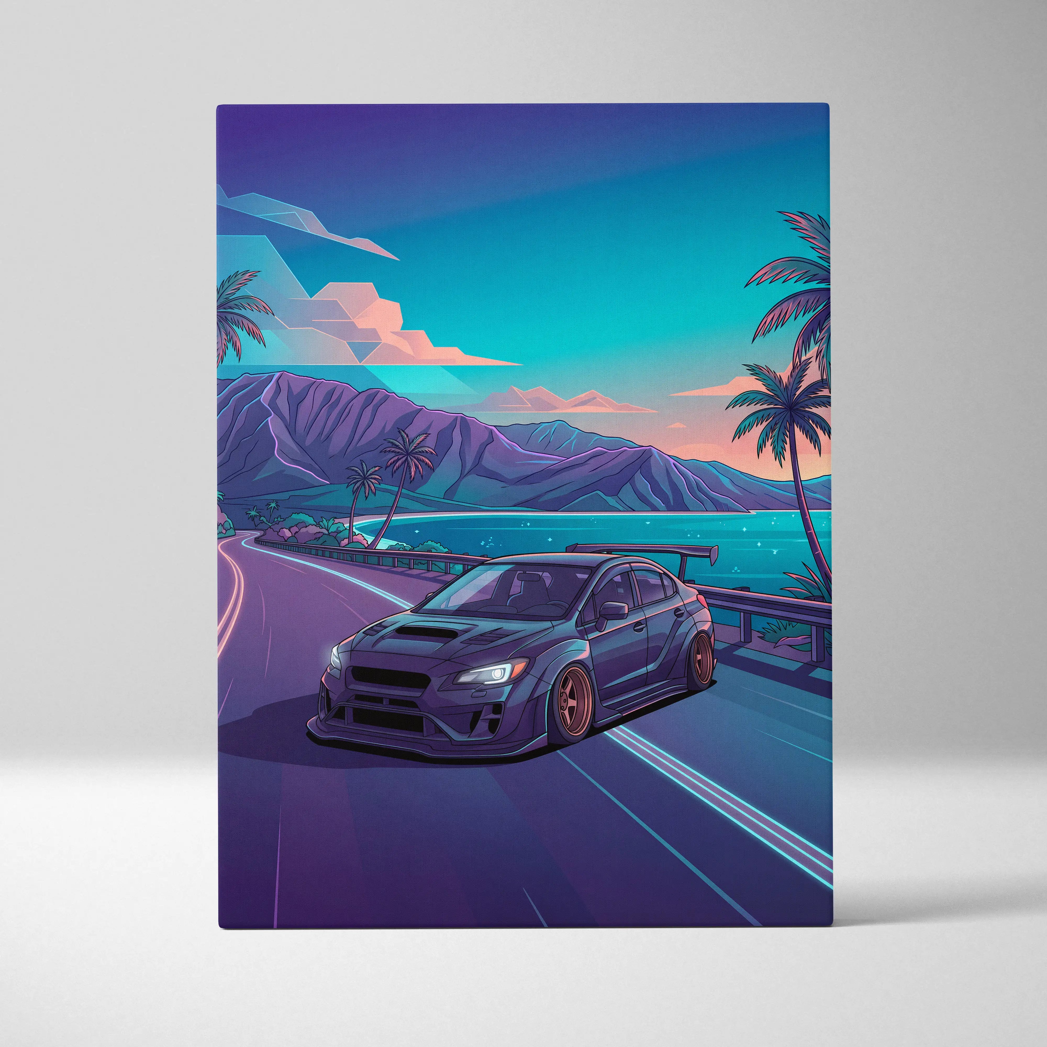 Subaru WRX STI Inspired Blue Purple Coastal Canvas Wall Art Vaporwave JDM Car Artwork, Neon Tropical Road Garage Decor Print