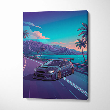 Subaru WRX STI Inspired Blue Purple Coastal Canvas Wall Art Vaporwave JDM Car Artwork, Neon Tropical Road Garage Decor Print