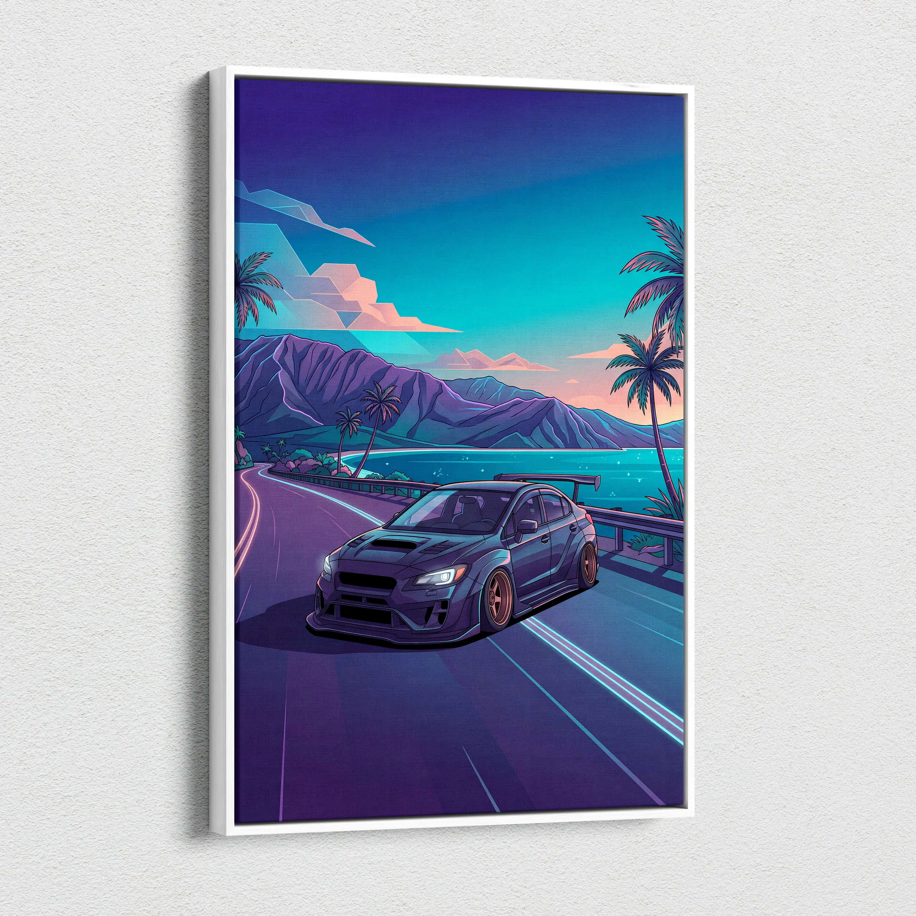 Subaru WRX STI Inspired Blue Purple Coastal Canvas Wall Art Vaporwave JDM Car Artwork, Neon Tropical Road Garage Decor Print