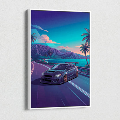 Subaru WRX STI Inspired Blue Purple Coastal Canvas Wall Art Vaporwave JDM Car Artwork, Neon Tropical Road Garage Decor Print