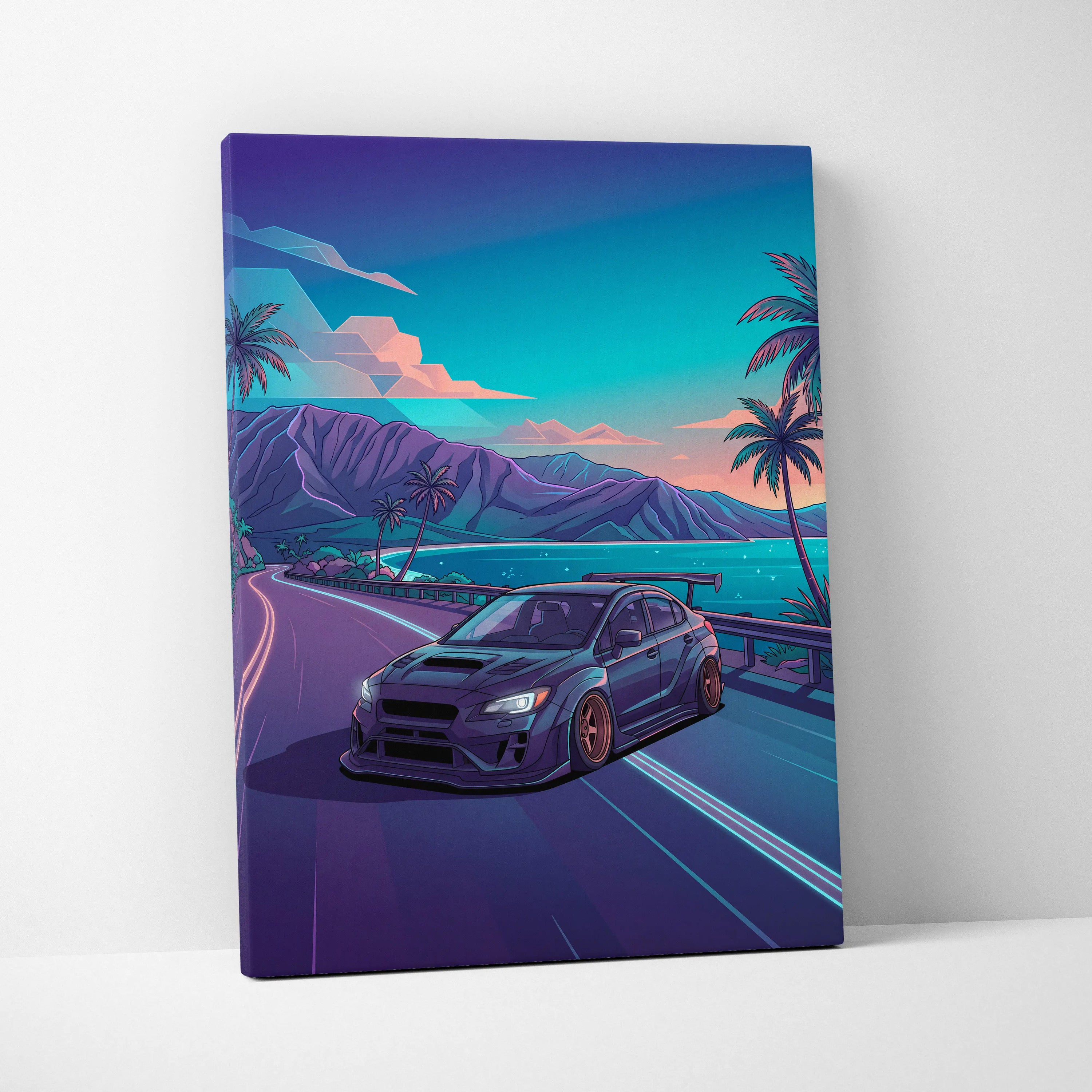 Subaru WRX STI Inspired Blue Purple Coastal Canvas Wall Art Vaporwave JDM Car Artwork, Neon Tropical Road Garage Decor Print