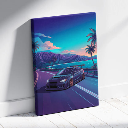 Subaru WRX STI Inspired Blue Purple Coastal Canvas Wall Art Vaporwave JDM Car Artwork, Neon Tropical Road Garage Decor Print