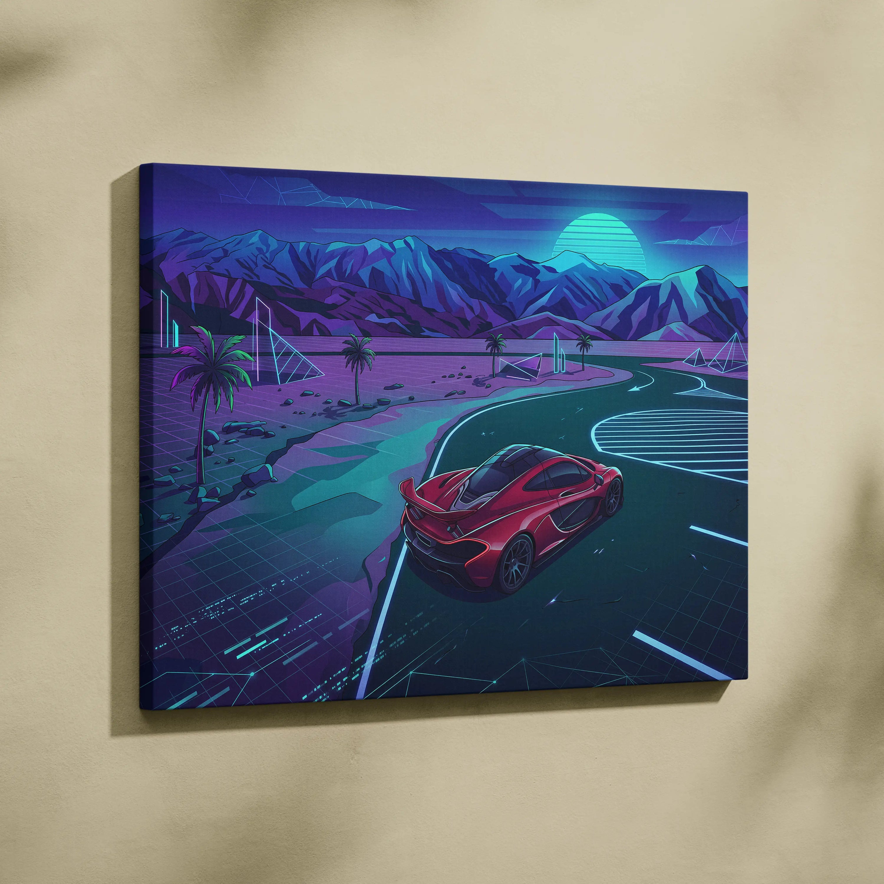 McLaren P1 Inspired Red Teal Canvas Wall Art, Neon Vaporwave Supercar Artwork for Garage Decor