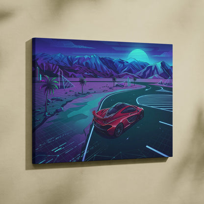 McLaren P1 Inspired Red Teal Canvas Wall Art, Neon Vaporwave Supercar Artwork for Garage Decor
