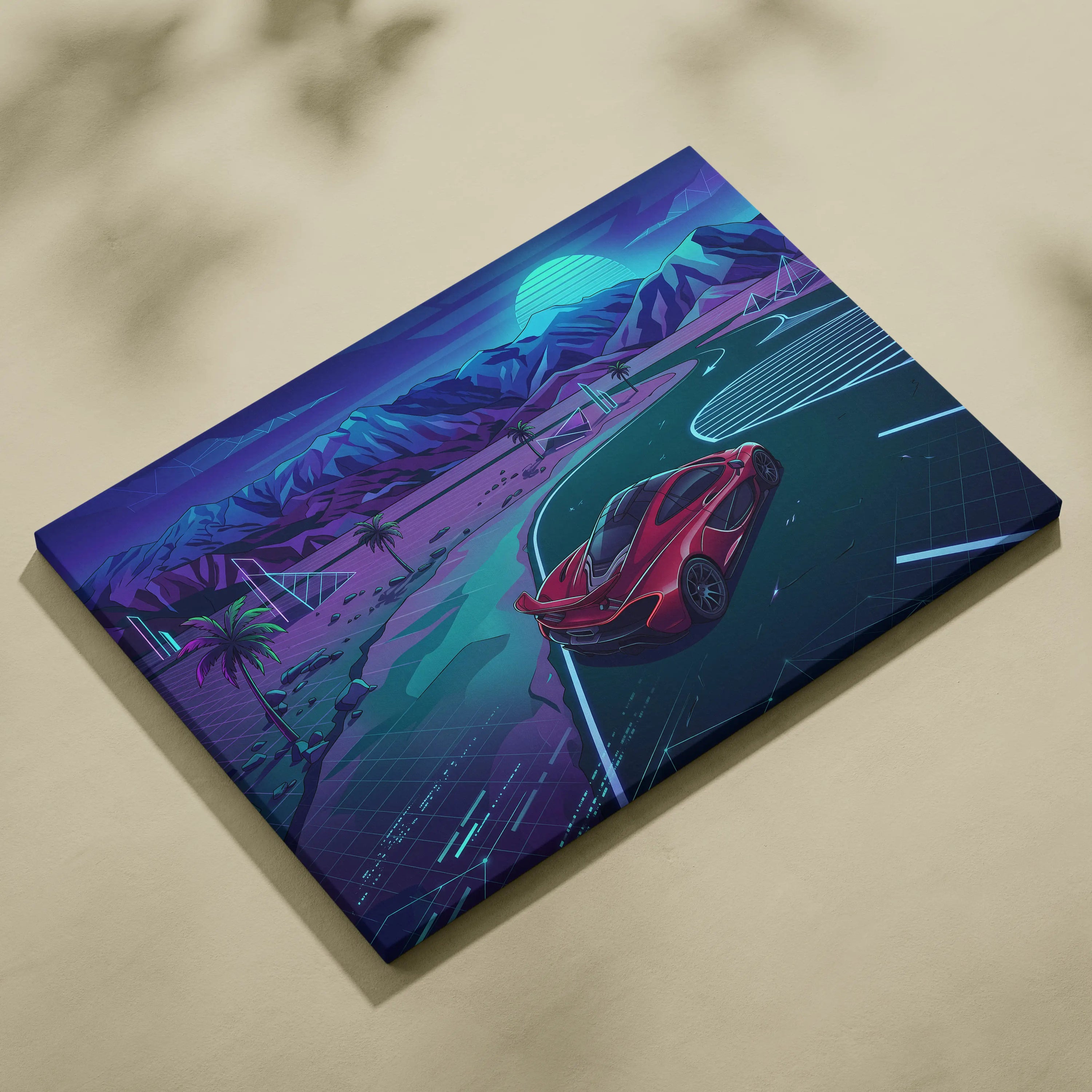 McLaren P1 Inspired Red Teal Canvas Wall Art, Neon Vaporwave Supercar Artwork for Garage Decor