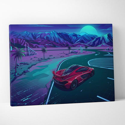 McLaren P1 Inspired Red Teal Canvas Wall Art, Neon Vaporwave Supercar Artwork for Garage Decor