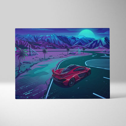 McLaren P1 Inspired Red Teal Canvas Wall Art, Neon Vaporwave Supercar Artwork for Garage Decor